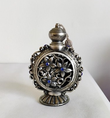 Victorian  Style  Pewter Perfume Bottle Vile Tassel & Blue Gems Unique BEAUTIFUL