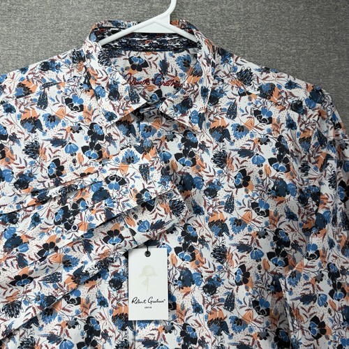 Robert Graham Abingdon Shirt Men Large Floral White Flip Cuff Stretch NEW $198