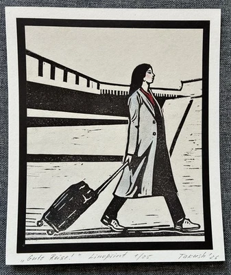 Original Linolschnitt Druck „Gute Reise!“ 17/20cm Handgerertigt - Bild 1 von 3