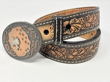 Vintage Tooled Leather Western Belt Size 38 Floral Oak Leaf Acorn Saddle Buckle
