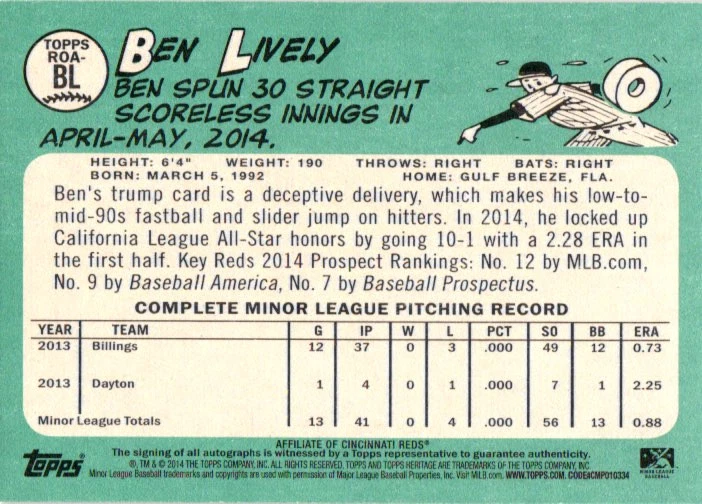 2014 Topps Heritage Minor League #ROA-BL Ben Lively Real One Autographs - Image 2 of 2