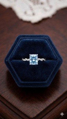Smaragdschliff 3 Karat Moissanit tiefblau Ring mit einzigartigem Band GRA