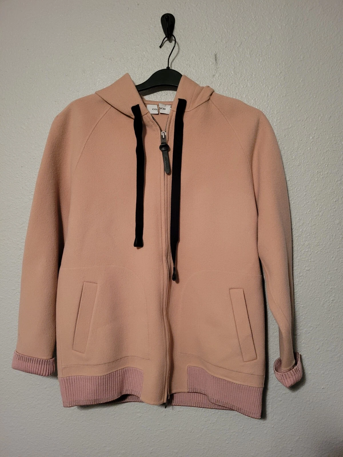 Felpa con cappuccio Coach donna rosa lana di lusso nuova con etichetta taglia 10 corpo: 100% lana