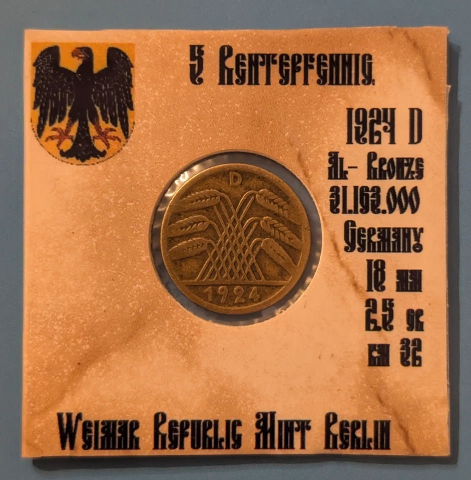 1924 D Alemanha 5 Rentenpfenning - República de Weimar - 1 (uma) moeda # 421-23 - Imagem 2 de 4