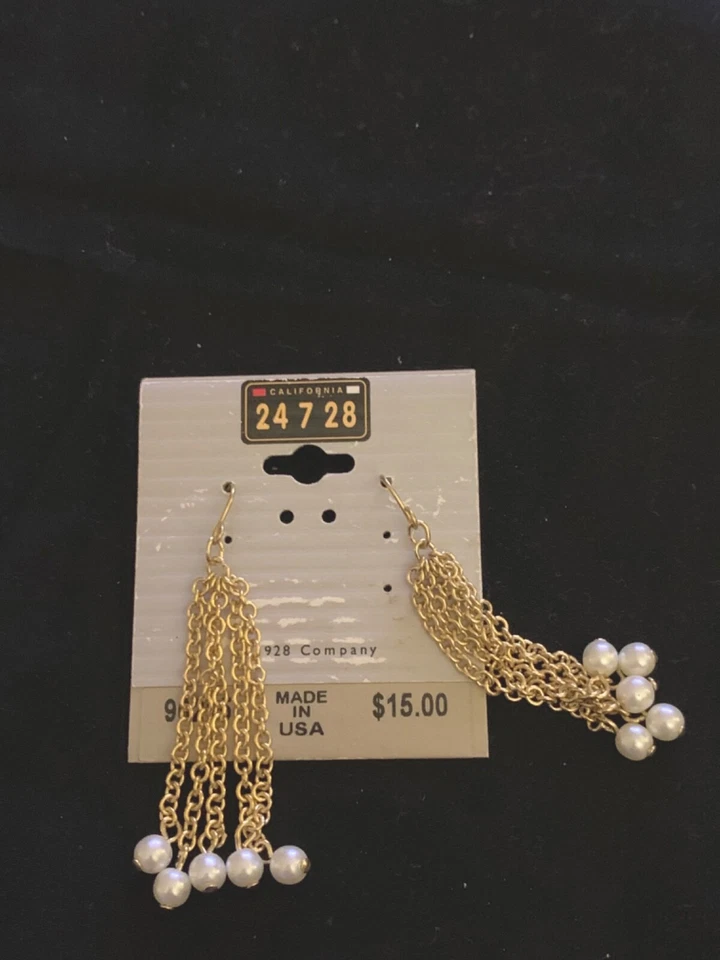 Faux Pearl Dangle Earrings Gold Tone Chain 1928 Company Pierced Style - Image 2 of 4