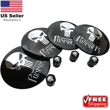 Punisher Wheel Center Hub Cap Sticker Decal 2.2" & Wheel Tire Valve Caps BUNDLE