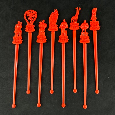 1970s Set 8 Red TWA Airlines International Swizzle Stick Collection 6''