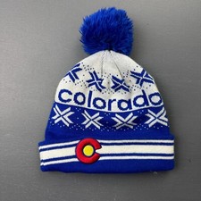 Colorado Beanie Hat Blue White Knit Pom Cuffed Winter Ski Snowboard Teens