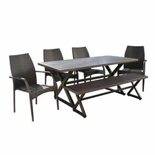 Cassandra Outdoor 6 Piece Brown Aluminum Dining Set with Bench and Wicker Chairs
