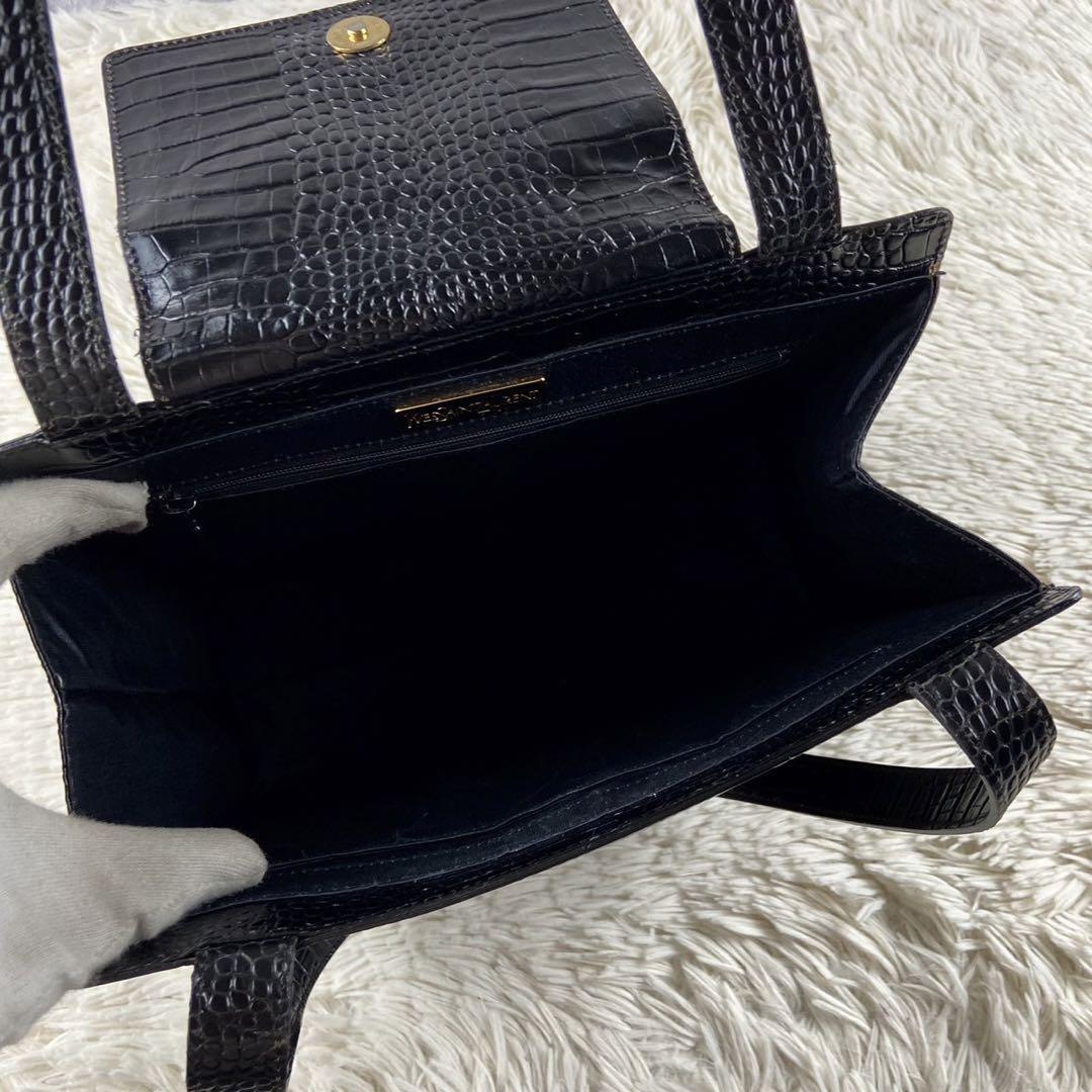 Yves Saint Laurent Top Handle Tote Bag YSL Logo Leather Black Croco