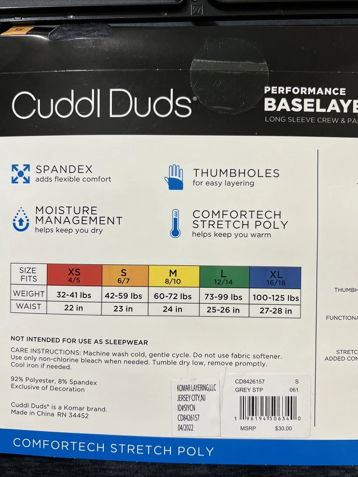 Juego de Capa Base Cuddl Duds Boys Pequeño Rendimiento Manga L Crew/Pantalones D Gris- NUEVO Foto 4 de 4