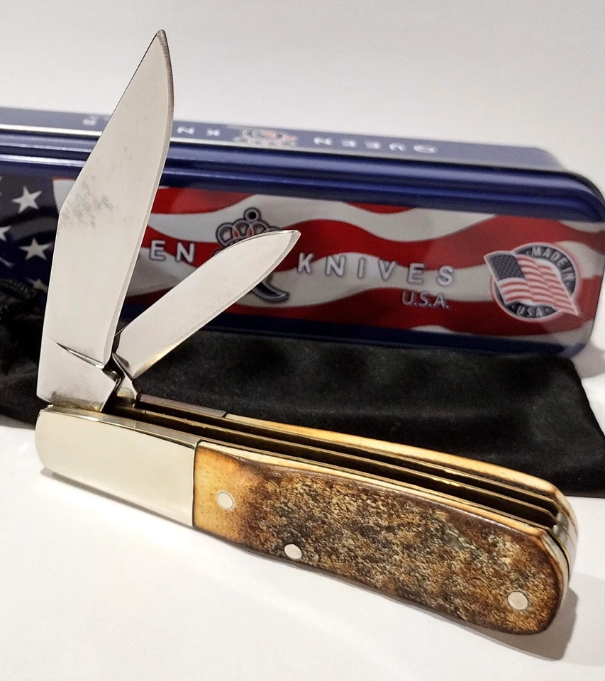 Faca de bolso dobrável Queen USA cabo de osso de veado real 2 lâminas Barlow QGSH281 EDC - Imagem 2 de 4