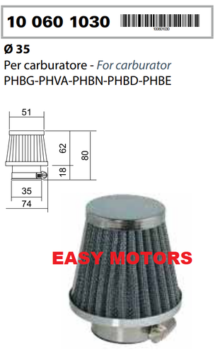 Filtro Aria E14 Diametro 32mm Inclinato 30&deg; Per Carburatori PHBG/PHBD