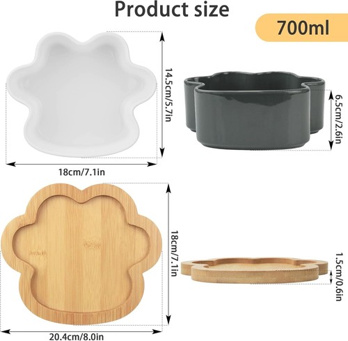 Ceramic Set 2 Pet Food Bowls Water Dishes & Wooden Tray, No Spill Dog Paw Design - Picture 5 of 16