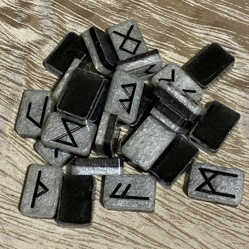 Black & Silver Shimmer Resin Rune Stones, Elder Futhark, Pagan Set Of 27