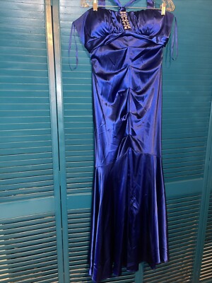 Betsy & Adam Linda Bernell Sz 14 Dress Gown Satin Royal Blue Bustle Rhinestone