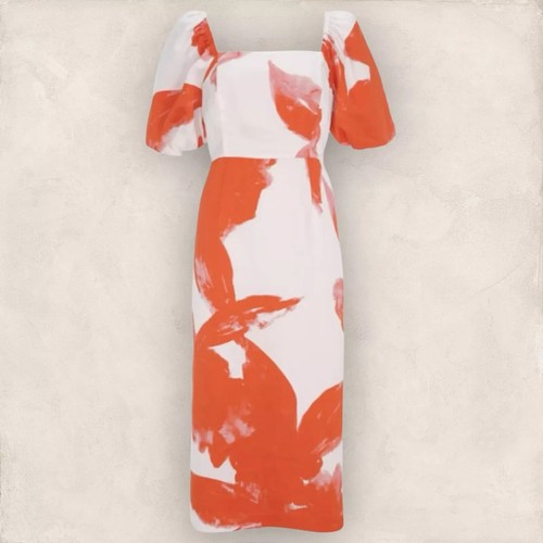 Como Nuevo Vestido Terciopelo Naranja Crema Satén Trinidad Manga Abullonada Reino Unido 12 Nuevo con Etiquetas PVP £189 - Imagen 4 de 4
