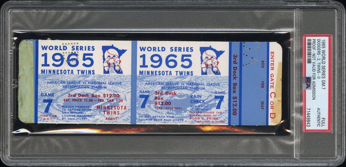 1965 WORLD SERIES GAME 7 DODGERS TITLE #4 FULL PROOF TICKET SANDY