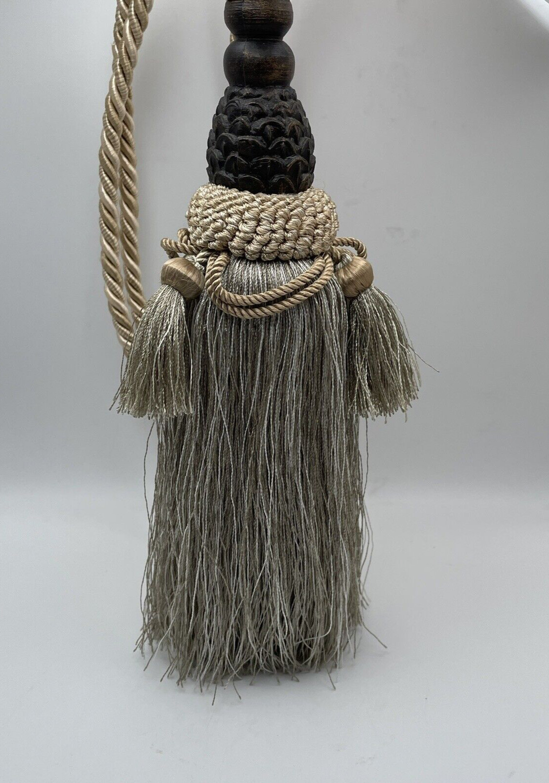 Large 10" Tassel Curtain Drapery Tieback Taupe Gold Brown Ornate Corded Rope