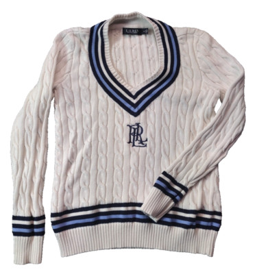 Polo Ralph Lauren Cricket Jumper White Navy Tennis Cable Knit Sweater Women M