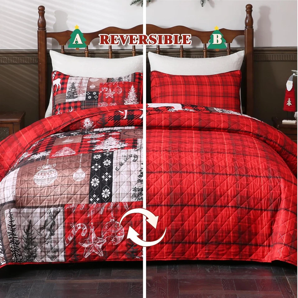 Juego de cama de 3 piezas edredones navideños tamaño queen retro retazos edredón con 2 pastillas Foto 4 de 4