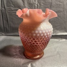 Vintage Fenton Pink White Hobnail Glass Vase Decorative Finish Ruffled Rim
