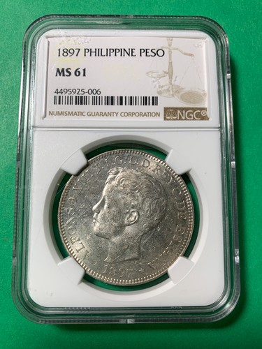 SPAIN PHILIPPINES UN PESO 1897 SGV ALFONSO XIII NGC MS 61 (I LISTED MORE COINS)