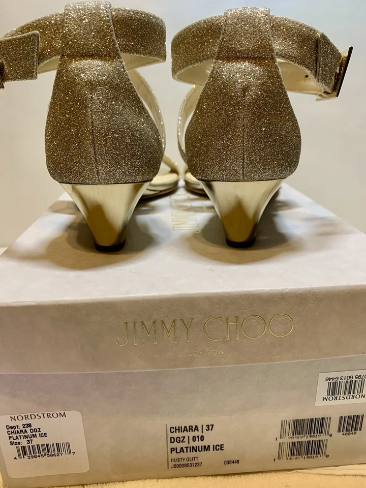 Sandalia para mujer Jimmy Choo Chiara platino hielo polvo brillo dorado talla 37 Foto 3 de 4
