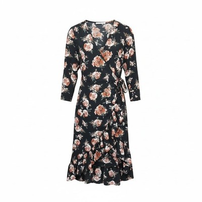 Target Dress 10 Wrap Around A Line V Neck Black Pink Floral 3/4 Sleeve Maxi...