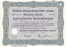 Kleinbahn-AG Bebitz-Alsleben, Beesenlaublingen Na-Aktie 1000 RM 1929