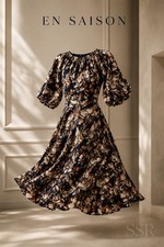 En Saison Abella Floral Puff Sleeve Midi A-Line Dress Size XS NWT Black Multi