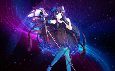 Anime  girls dress long hair black flower in blue Custom Gaming Mat Desk