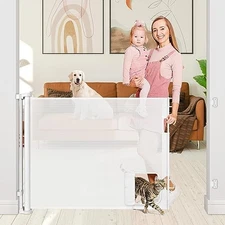 WOMHOM RETRACTABLE BABY GATE WITH PET DOOR 55" WIDE RETRACTABLE - WHITE