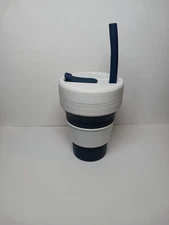 Stojo 16oz Collapsible Travel Cup Navy White Reusable Silicone Mug w/ Straw