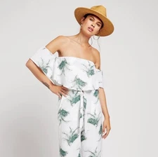 Stone Row Off The Shoulder Top Cropped Tropical Beachy Resort Linen Blend Large