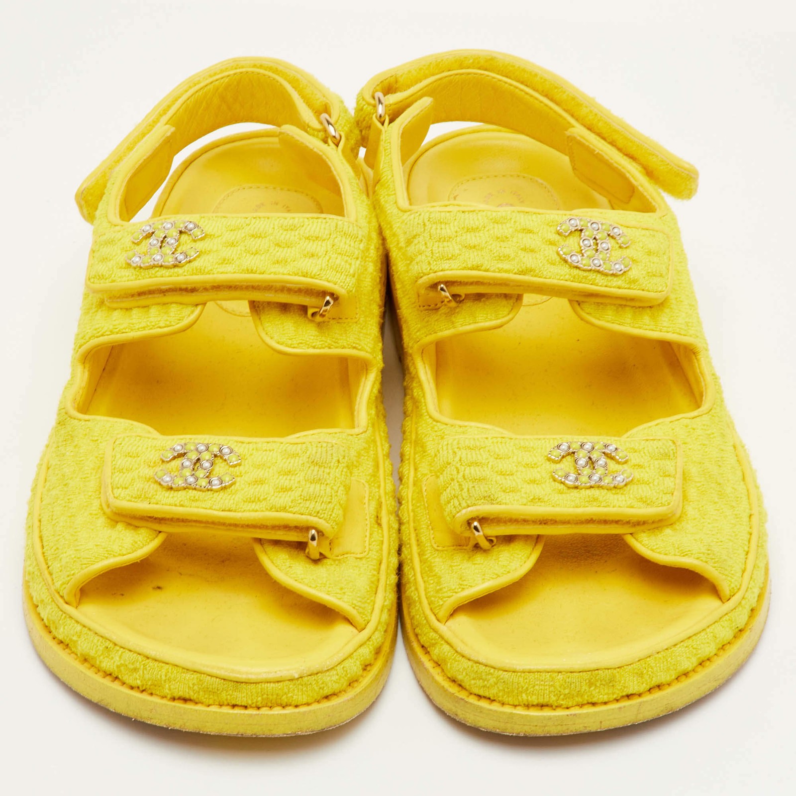 Chanel Dad Size 37.5 Yellow Fabric CC Ankle Strap Flat Sandals thumbnail 3