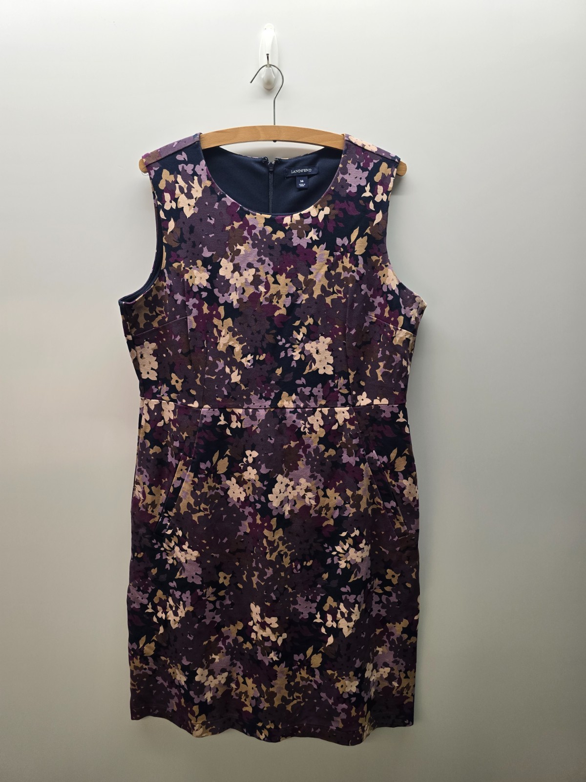 Lands End Sheath Dress Womens Size 14 Purple Floral Print Sleeveless Back Zip