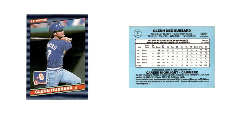 Glenn Hubbard 1986 Leaf #71 Atlanta Braves Baseball Card NM - Image 3 of 3