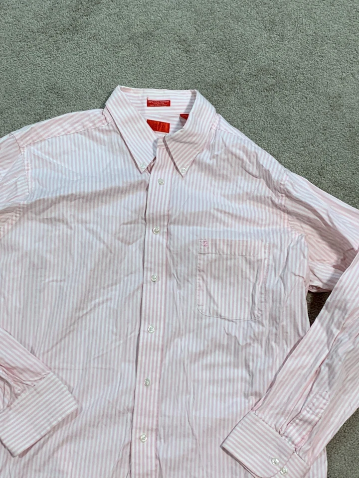 IZOD 80's 2-Ply Pinpoint Button Down Dress Shirt Mens 17.5 36/37 Pink Stripe - Image 3 of 4