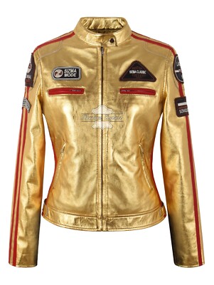 SIZMA Damen Gold/Silber Foliert Lederjacke Retro Biker Racer Style Jessica