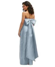 Alfred Sung Mist Blue Strapless Bow Back Satin Column Gown Size 4 $289 D856