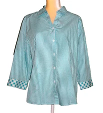 Chicos Shirt/Blouse ~ Womens 3 ~ Teal/White Checkered ~ ¾ Cuff Sleeves