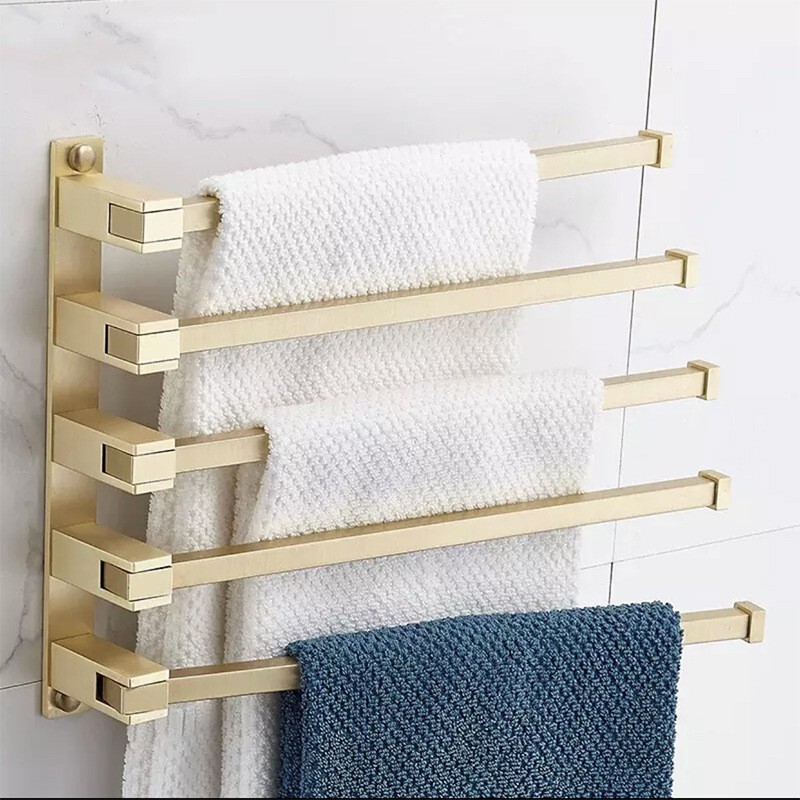 Swivel Towel Bar Brass Arm Bathroom Square Towel Rail Wall Mount Brushed  Gold