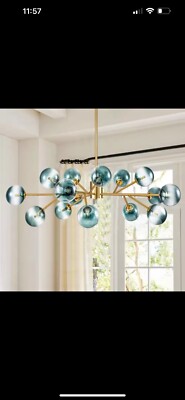 RRTYO Higginsville 15-Light Gold Sputnik Sphere Linear Chandelier w/ Blue Glass