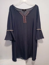 NAIF Embroidered Chambray XL Boho Bell Sleeve Blue Denim Womans Dress