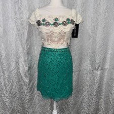 Sherri hill teal two piece of the shoulder white top sequin skirt  size 2 set
