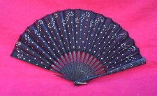 French Hand Fan Black Carved Wod Tulle Silver Sequin