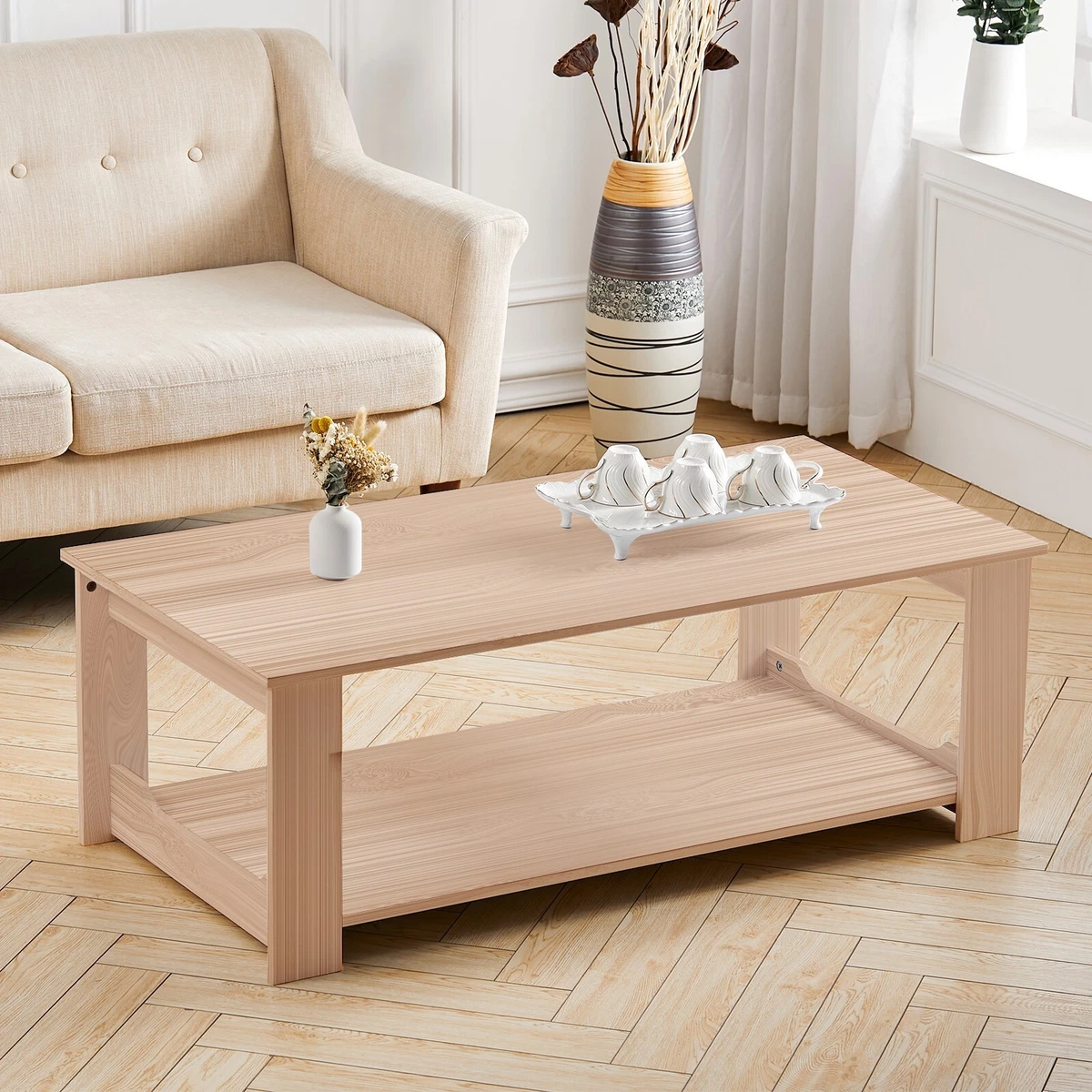 2 Tier Coffee Table Living Room Reception Table Storage Shelf Wooden Furniture