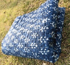 Handmade Block Print Quilt Indian Cotton Throw Boho Bedspread Queen Size, Blue