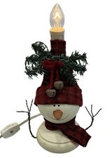 Primitive Snowman Head Candlestick Lamp Farmhouse Light Wood Rustic Country